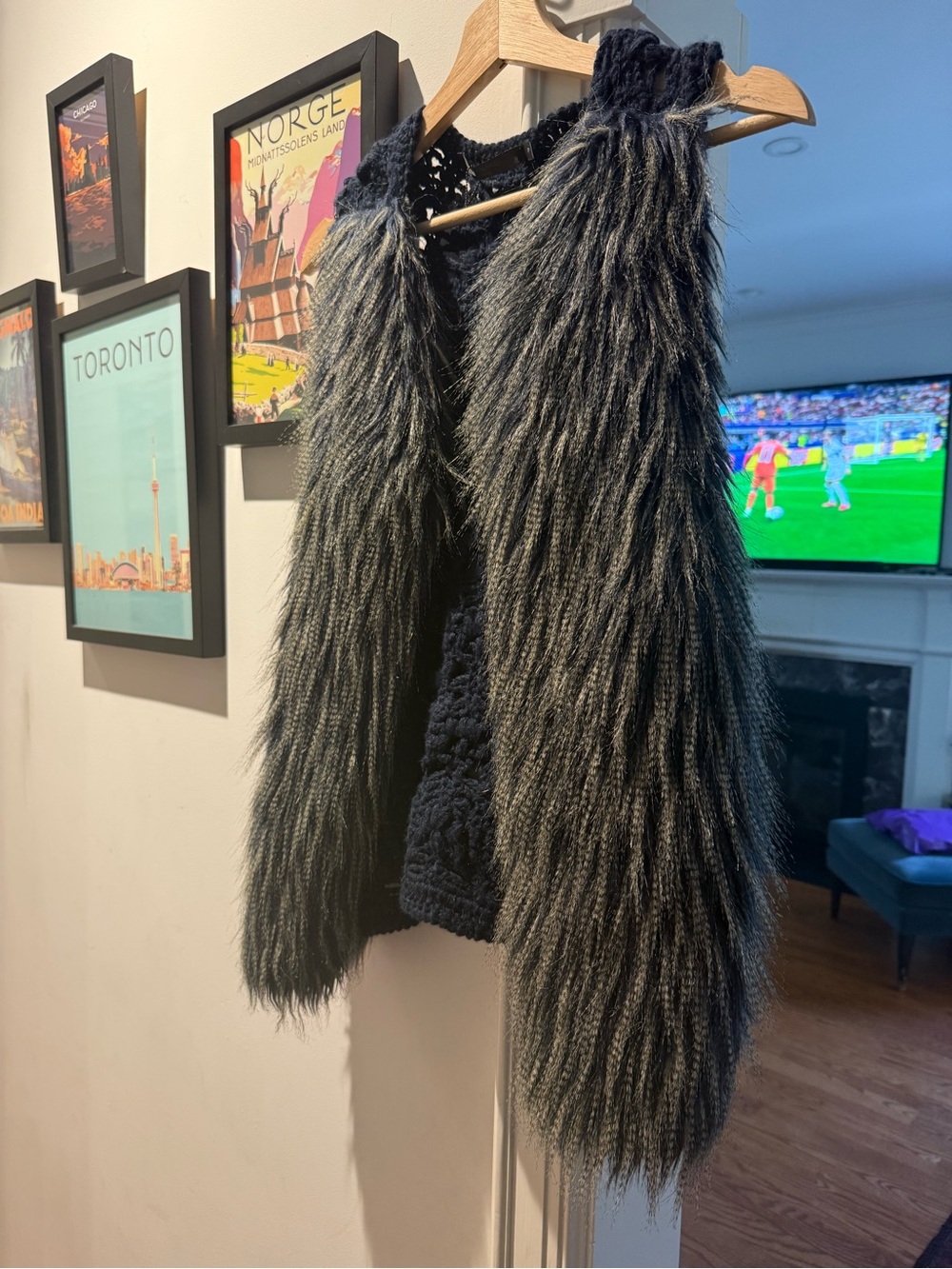 Faux Fur Vest in Charcoal Gray and Navy Blue with Crotchet Navy Back